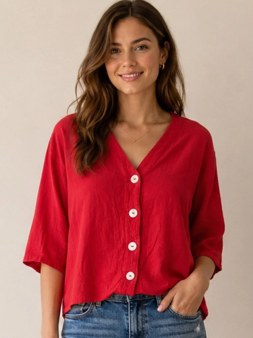Oh My Gauze Red Cotton Button Front Crinkle Top Size 2 Made in Mexico